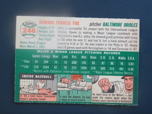 Tarjeta de béisbol 1954 Topps #246 Howie Fox (EX) - Imagen 2 de 2