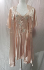 R Michael Alan Silky Satin Chemise Gown Babydoll w/ Matching Button Robe Pockets