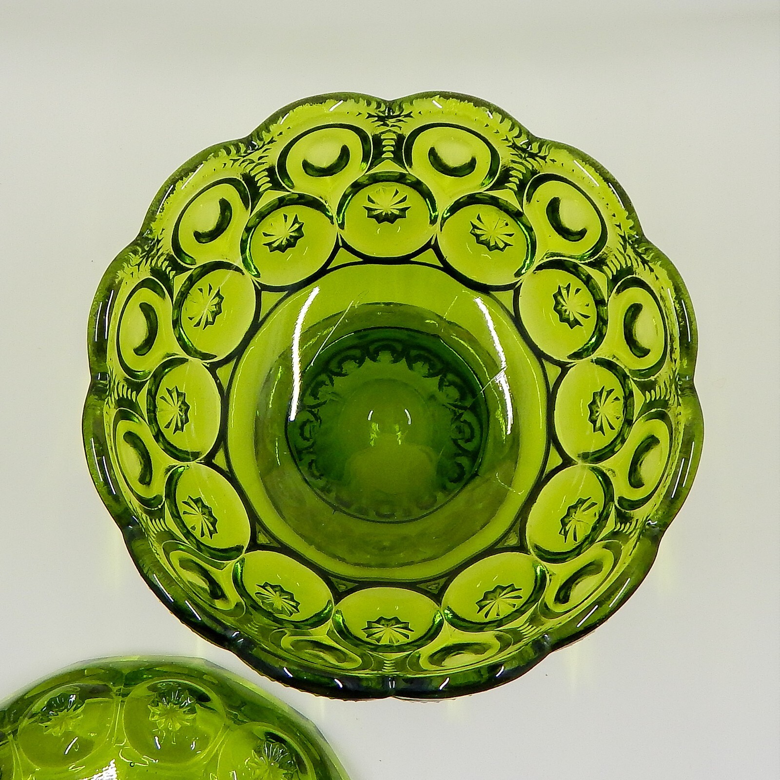 LE Smith Green Glass Moon & Stars Compote Pedestal Covered Bowl Candy