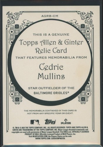 2023 Topps Allen & Ginter #AGRB-CM Cedric Mullins Relic - Picture 2 of 2