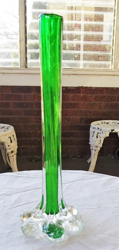 Murano Art Glass Bud Vase Green Glass Bud Vase with Clear Glass Overlay Base