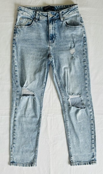 Decjuba Light Wash Zip Up Denim Ripped Jeans Straight Leg Womens Size 8