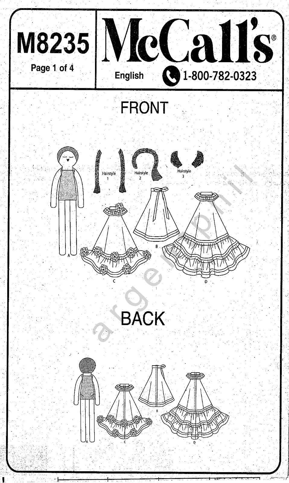 McCall 8235 18" Cloth Dolls Yarn Hair Embroidery Features Craft Sewing Pattern