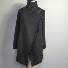 Ralph Lauren Wool Blanket Jacket Over Coat Laganlook Wrap Fringe Size S Black