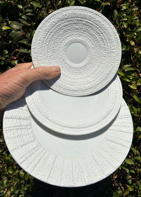 michael aram 3-PC SET OF GOTHAM white CUP SAUCER + TIDBIT & SALAD PLATES limoges