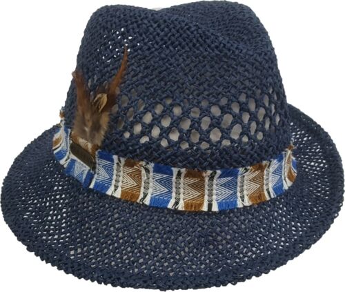 Hombre Mujer Paja Trilby Fedora Sombrero Embalable Ajustable Azul Marino o Natural - Imagen 5 de 7