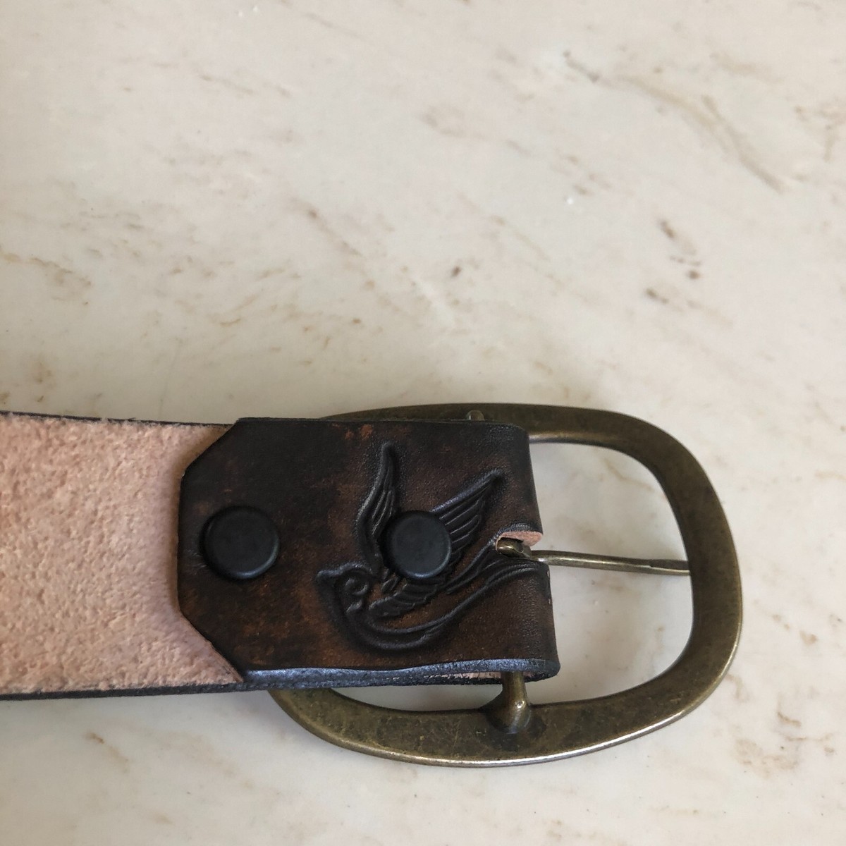 Genuine Leather Tooled Belt Bird Pattern Dark Brown 39
