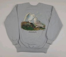 Vintage 80s Snow Owl Nature Art Print Sweatshirt Harborside Wildlife USA Made
