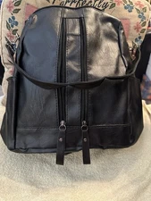 Backpack Purse Shoulder Bag Black Pleather Zip Closure Tote Overnight Bag