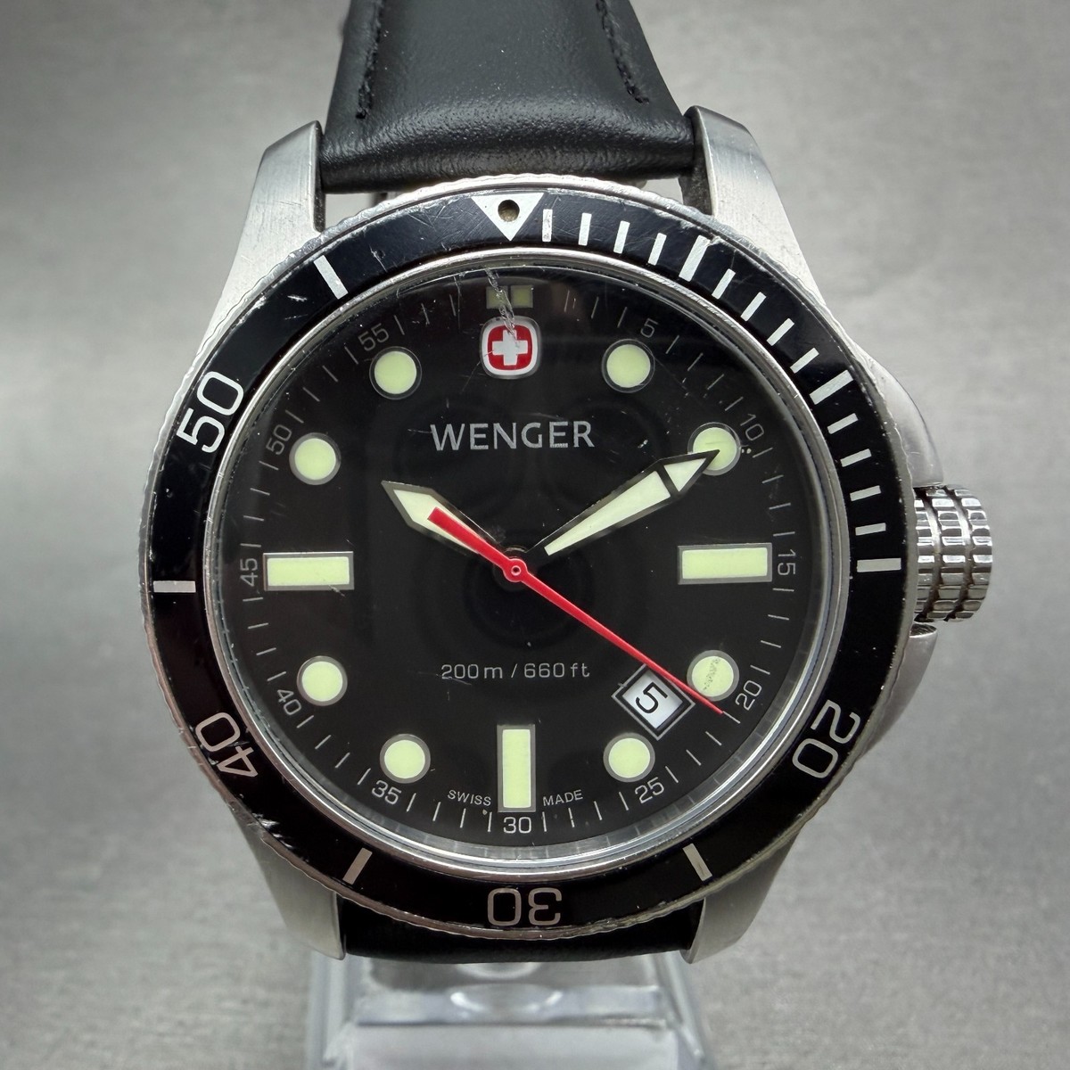 【稼働】 WENGER 7232X/T デイト ダイバー ウォッチ Wenger Battalion Dive Watch Men 40mm Black Dial Silver Date Round