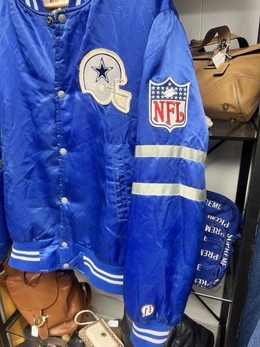 Vintage 1980s Shain Of Canada NFL Dallas Cowboys Blue Satin Bomber Jacket Size L - Picture 2 of 12
