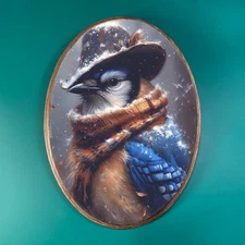 HAT BIRD WOODEN DECOR, Winter Wood Plaque, Fantasy Animal Robin Wall Art