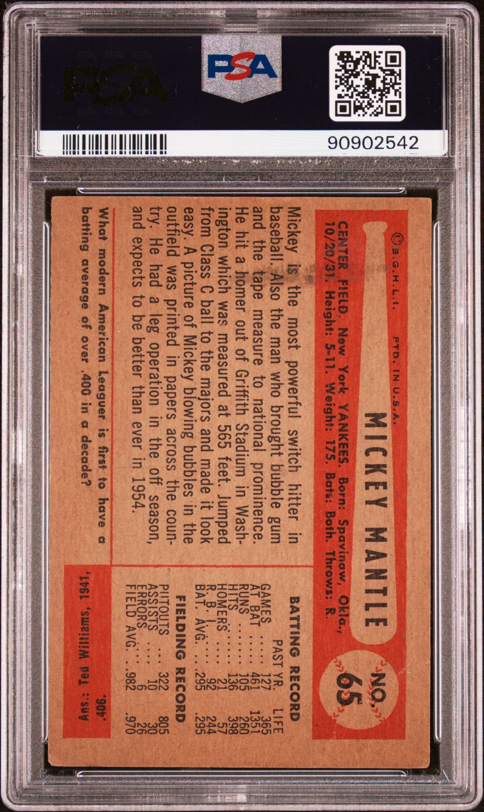 1954 Bowman Mickey Mantle #65 PSA 2 Centered view 2