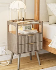 Nightstand with Charging Station,Small Bedside Table with Gold Frame,Morden N...