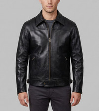Men's Black Leather Cafe Racer Jacket Vintage Motorcycle Biker Point Collar Coat