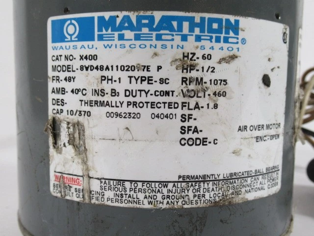 Marathon Electric 1/2HP 1075RPM 460V 48Y OPEN 1PH 1.8A 60Hz USED - Image 4 of 4
