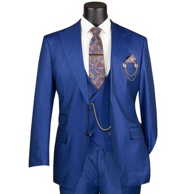 VINCI Men's Blue Sharkskin 3 Piece Regular Fit Suit w/ Flex Waist - NEW