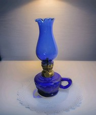 Vintage Cobalt Blue Glass Hurricane Oil Lamp Handle Made In Hong Kong 8.25 in