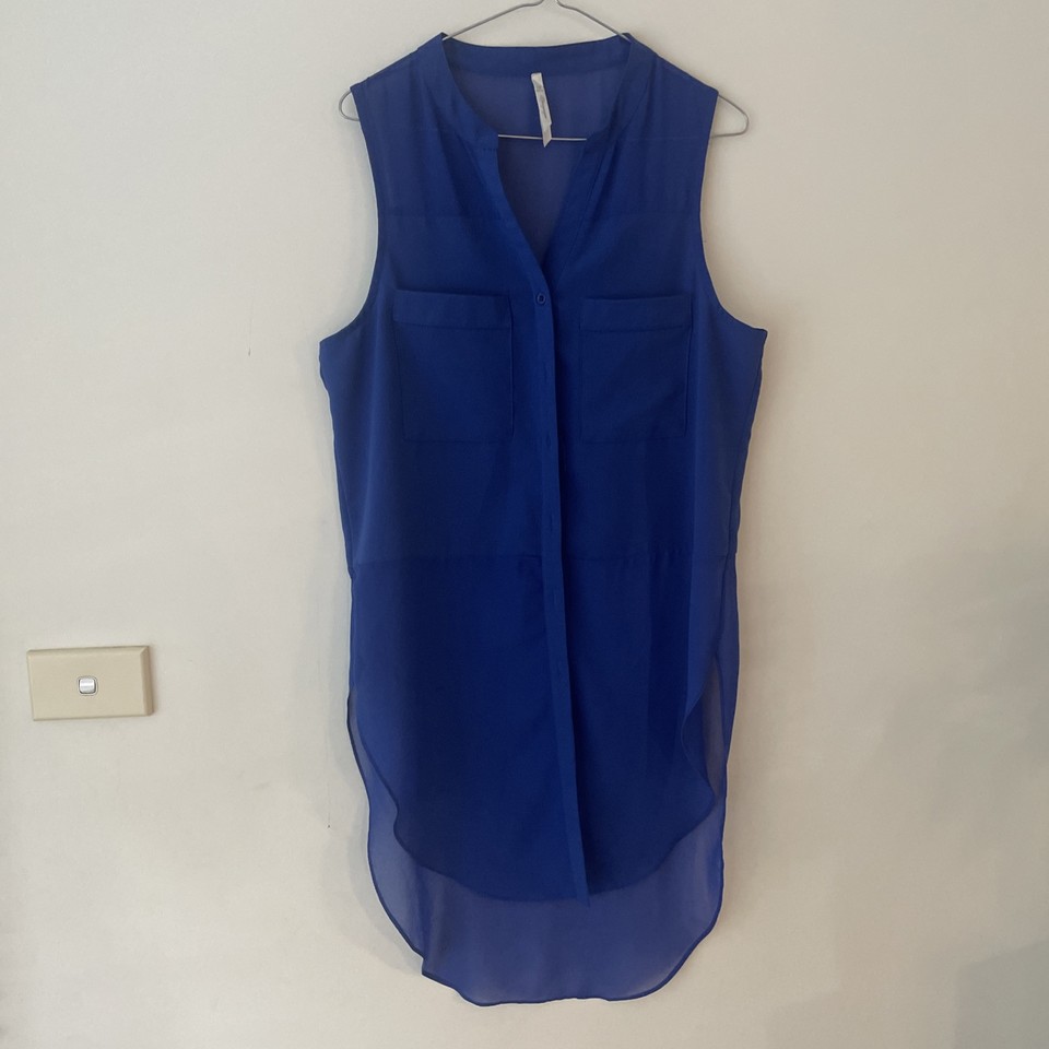 Spicy Sugar Size 12 Women’s Top Blouse Blue  Button Up High Low Pockets Long