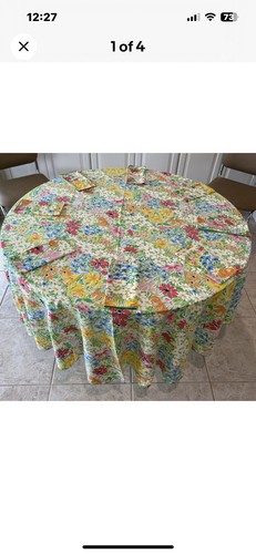 Springtime Floral Vtg. 90" Round Tablecloth With 8 Napkins Cotton Blend