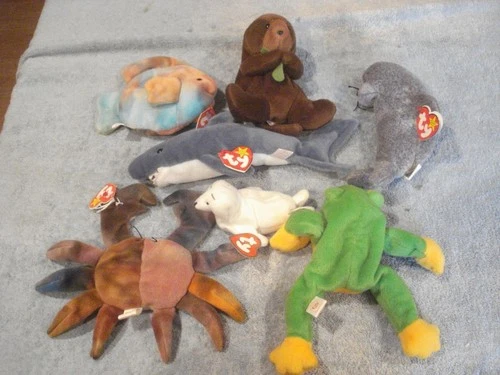 VTG LOT OF 6 TY BEANIE BABY WATER ANIMALS(SEAWEED, CLAUDE,SLIPPERY,CRUNCH,++