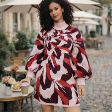 FARM Rio Artsy Tropical Floral Sweater Dress Balloon Sleeve XXS Comfy Spring