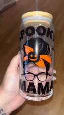 Clear Plastic Tumbler w/ Lid Straw "Spooky Mama" Ghost Halloween Decor