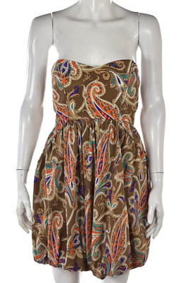 Tibi Dress Size 4 Brown Printed Sheath Strapless Above Knee Silk Casual