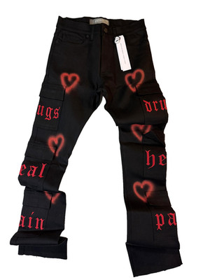 Golden Jeans Mens 30 Black Distressed Cargo ''DrXgs Heal Pain'' Heart Streetwear