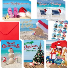 Beach Christmas Cards Set 24ct | Coastal Holiday Cards with Envelopes 6 Designs
