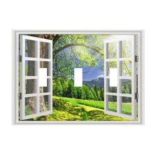 Light Switch Cover Window View Green Rustic Nature Wilderness 3 Gang Wall Pla...