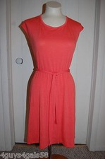Womens Knit Dress CORAL ORANGE Elast Waist TIE BELT Knee Length M 8-10