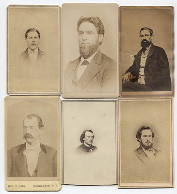 CDV VARIETY OF PHOTOS OF MEN, VARIOUS CITIES ON MAKER MARKS. SIX SET.
