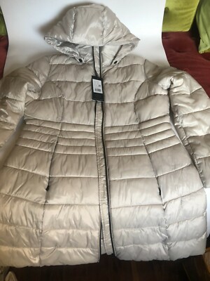 NWT Women Beaumont Amsterdam Gray Beige Down Coat Detach Hoodie Zip 44 EU 10 US 
