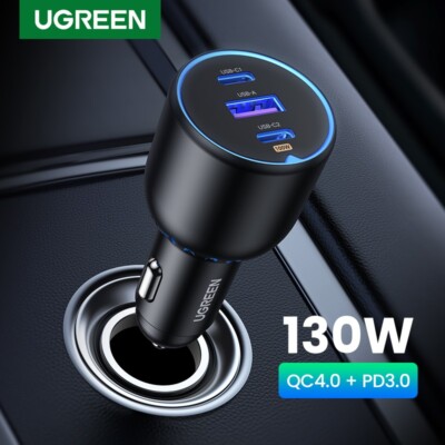 UGREEN 130W Car Charger PD 4.0 3.0 Quick Fast Type C Charger For iPhone Laptop