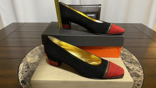 VTG Anne Klein Couture Suede Red & Black Pumps Shoes SZ 8.5N Made In Italy New - Picture 11 of 19