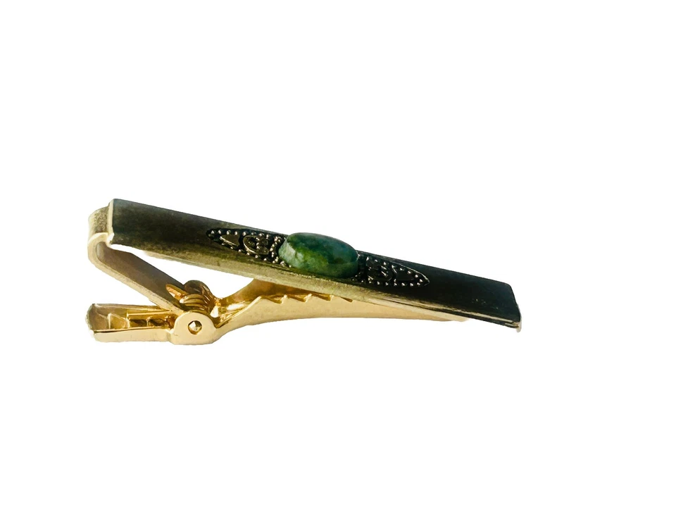Clip de corbata vintage tono dorado - piedra de jade verde Foto 4 de 4