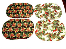 Set Of 4 Cloth Reversible Christmas Placemats Birds Pinecones Plaid Never Used