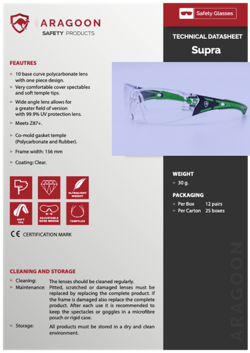 SUPRA Clear ARAGOON Safety Glasses Spectacles Anti Scratch Anti Fog Polycarbonat - Picture 4 of 5