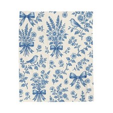 Blue White Toile Throw Blanket Bows Floral Bird French Country Cottagecore
