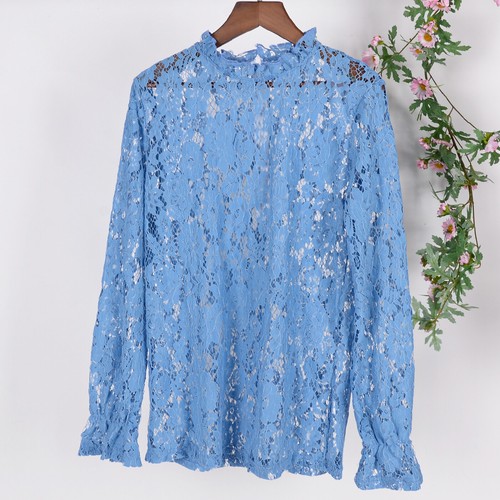 Damen lange Glockenärmel transparent Blumen Spitze Bluse Tops - Bild 13 von 25