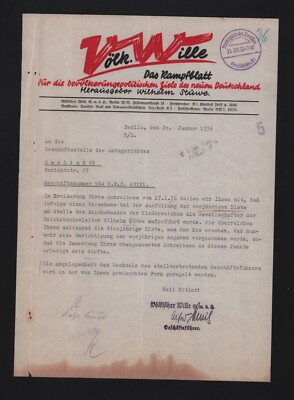BERLIN, Brief 1936, Völkischer Wille GmbH Herausgeber Wilhelm Stüwe