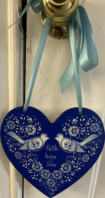 Faith & Grace Heart-Shaped Ceramic Blue Bird Floral Decorative Wall Plaque