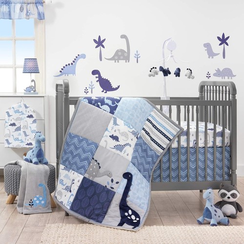 Roar Dinosaur 3-Piece Crib Bedding Set in Blue/Gray - Modern Chevron Style - Picture 7 of 7
