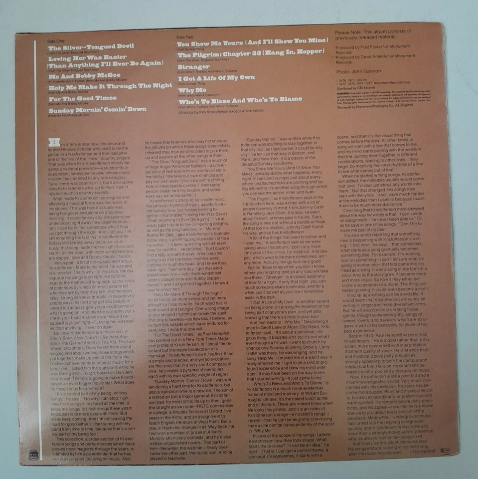 Kris Kristofferson – Songs Of Kristofferson - LP - 1984 RE - VG - Image 2 of 4