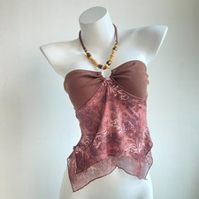 Y2K Brown Fairy Grunge Halter Top with Beaded Straps (Women&rsquo;s S)