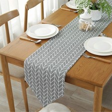 12x71 inch Grey White Cotton Linen Dining Table Runner Geometry Checkered