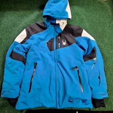 Spyder Jacket Youth 16 Blue Black White Ski Snow Insulated Hooded Style 5008-14