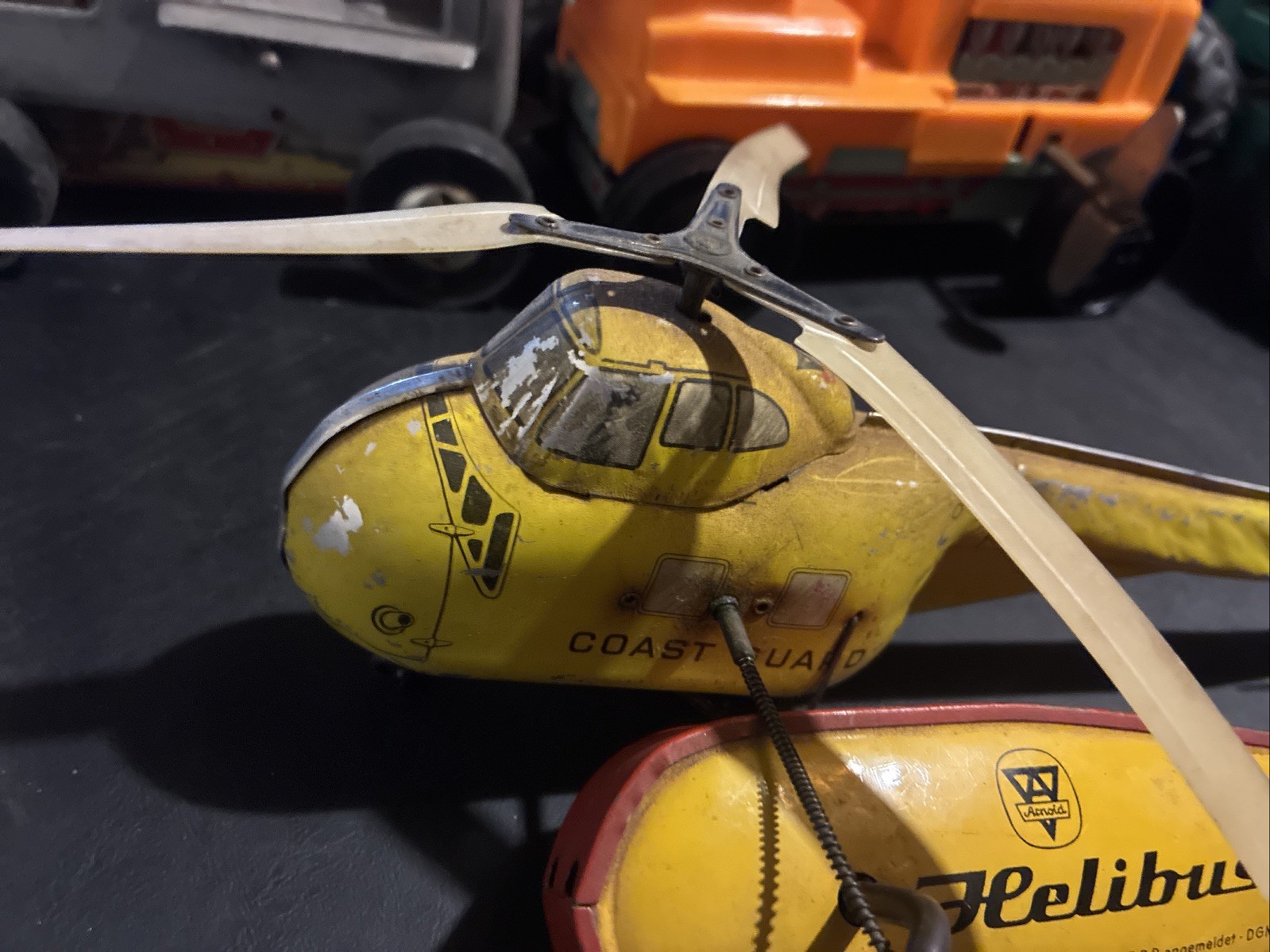 Vintage Arnold Pressed Tin Helibus Remote Control Helicopter Toy