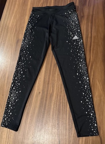 Adidas Glam Leggings M Youth Girls Sparkle Metallic Stars Black Silver Athletic - Picture 6 of 17